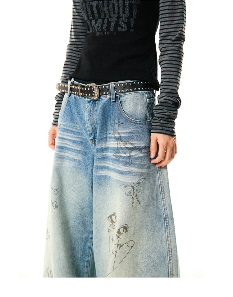 Washed Graffiti Print Wide Leg Denim Jeans