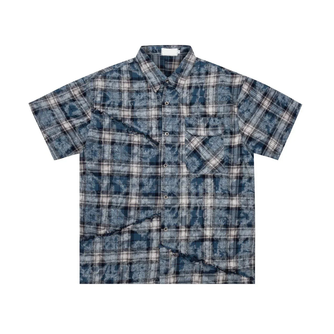 Tie Dye Plaid Raw-edge Short Sleeve Shirt