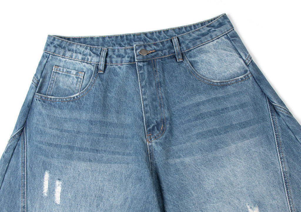Washed Panel Design Wide Leg Denim Jeans