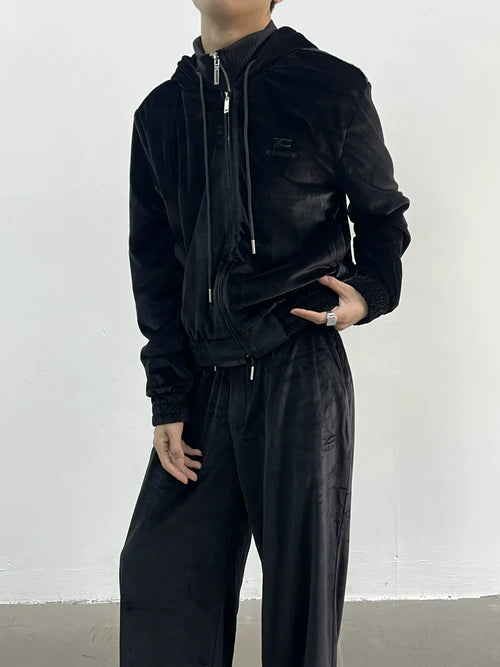 Conjunto de Sudadera con Cremallera de Pana y Pantalones de Pana de Pierna Ancha - negro / S / arriba
