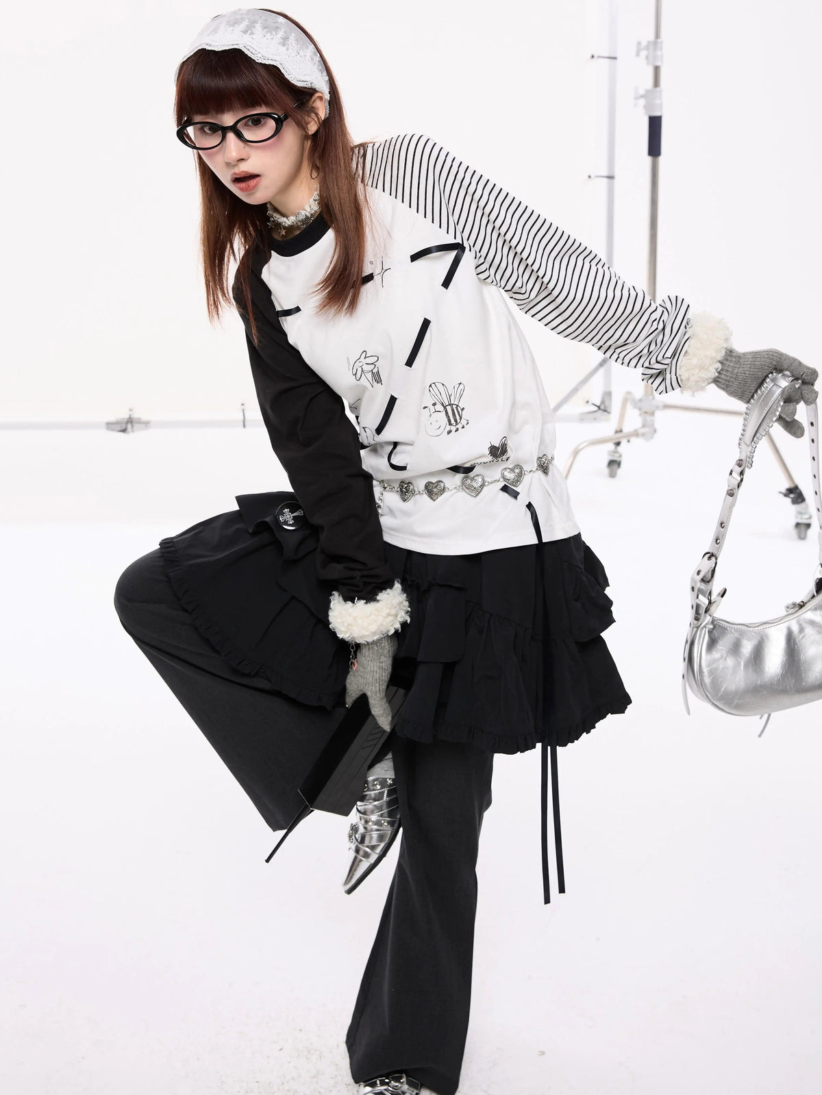 Lace-Up Stripe Patchwork Contrast Raglan Sleeve Long Sleeve T-Shirt