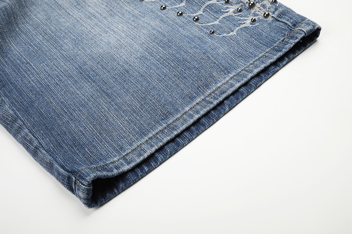 Embroidery Bead Wide Leg Short Denim Pants