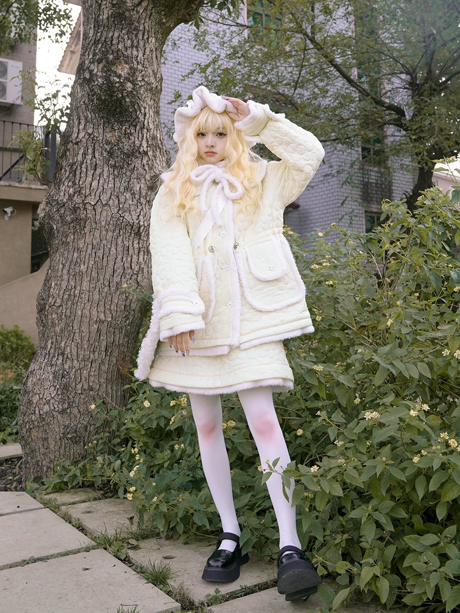 Flower Plush Bow Tie Puffer Jacket