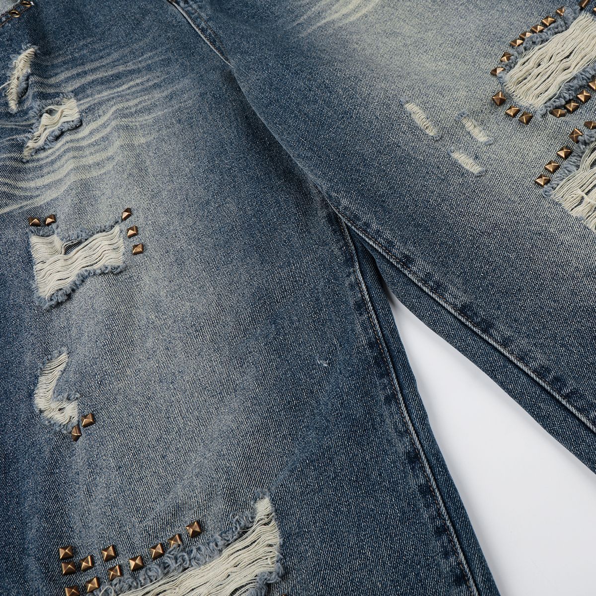 Wash Rivet Damage Wide Leg Denim Jeans