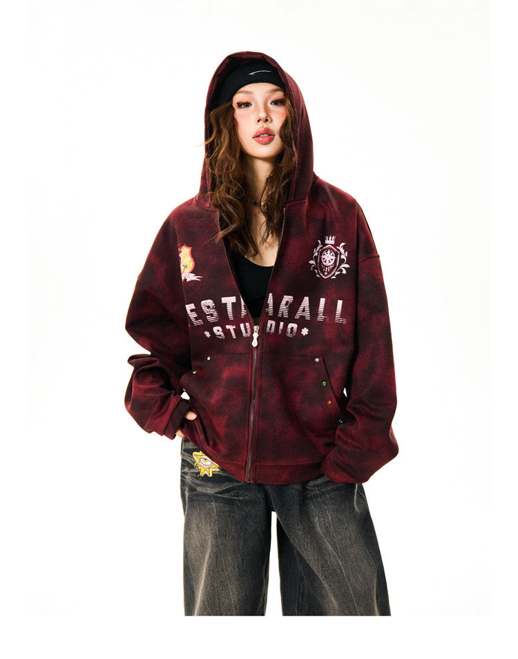 Tie-Dye Letter Print Oversize Zipper Hoodie