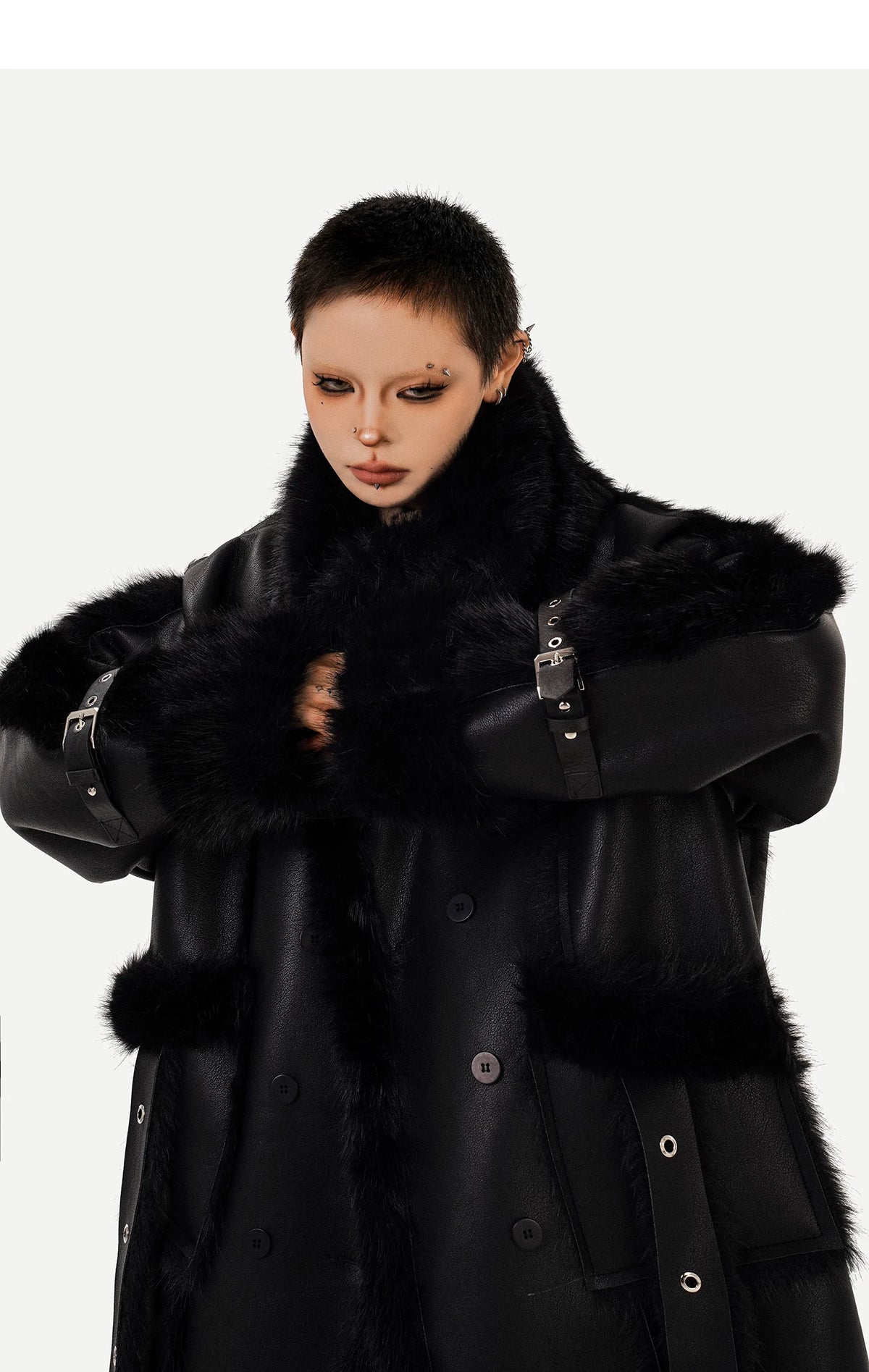 PU Leather Fake Fur Stand Neck Coat