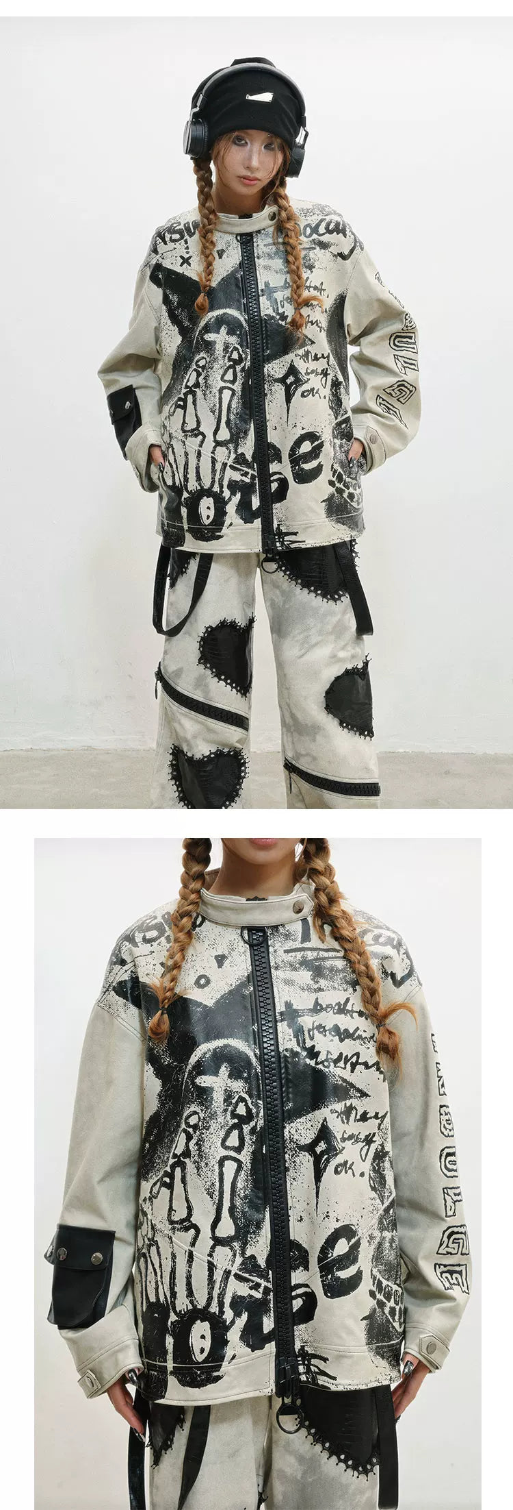 Damage Print Thick PU Leather Jacket