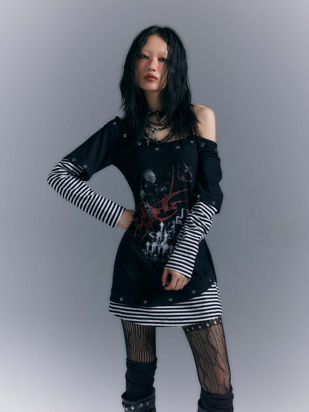 Light Punk Stripe Long Sleeve Graphic Waist-Cinching T-Shirt Dress