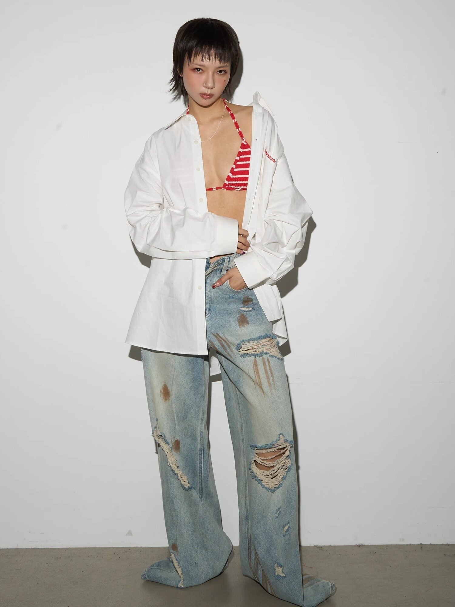 Rust Fade Damage Wash Draped Wide Leg Denim Jeans