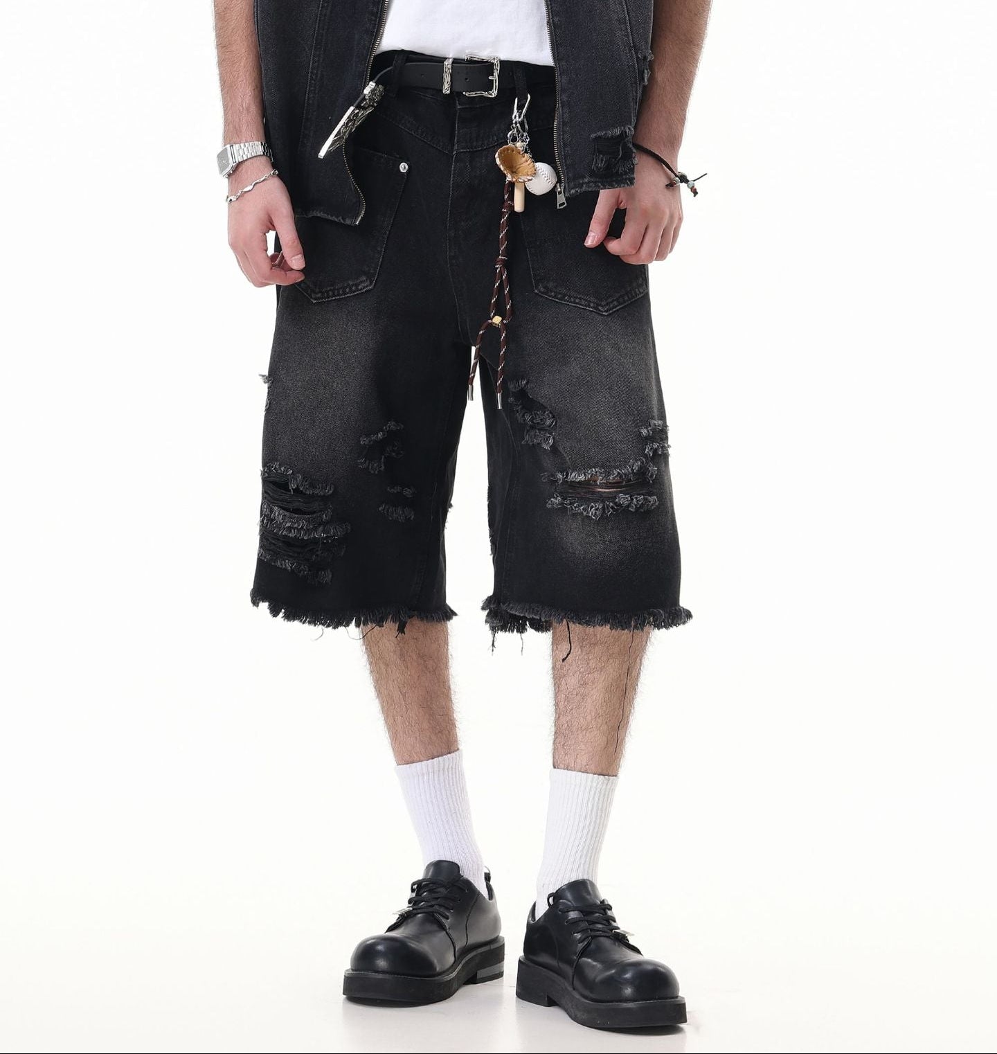 Washed Damage Wide Leg Denim Short Pants