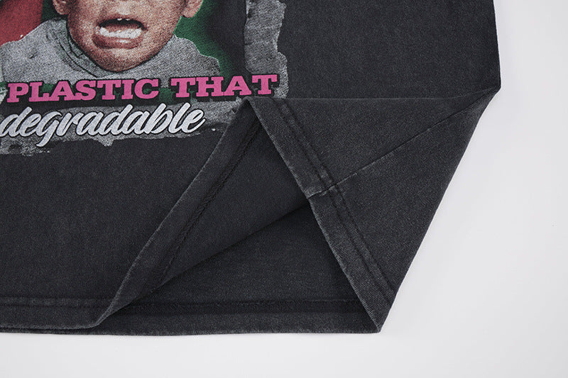 Washed Portrait Letter Print Short Sleeve T-Shirt