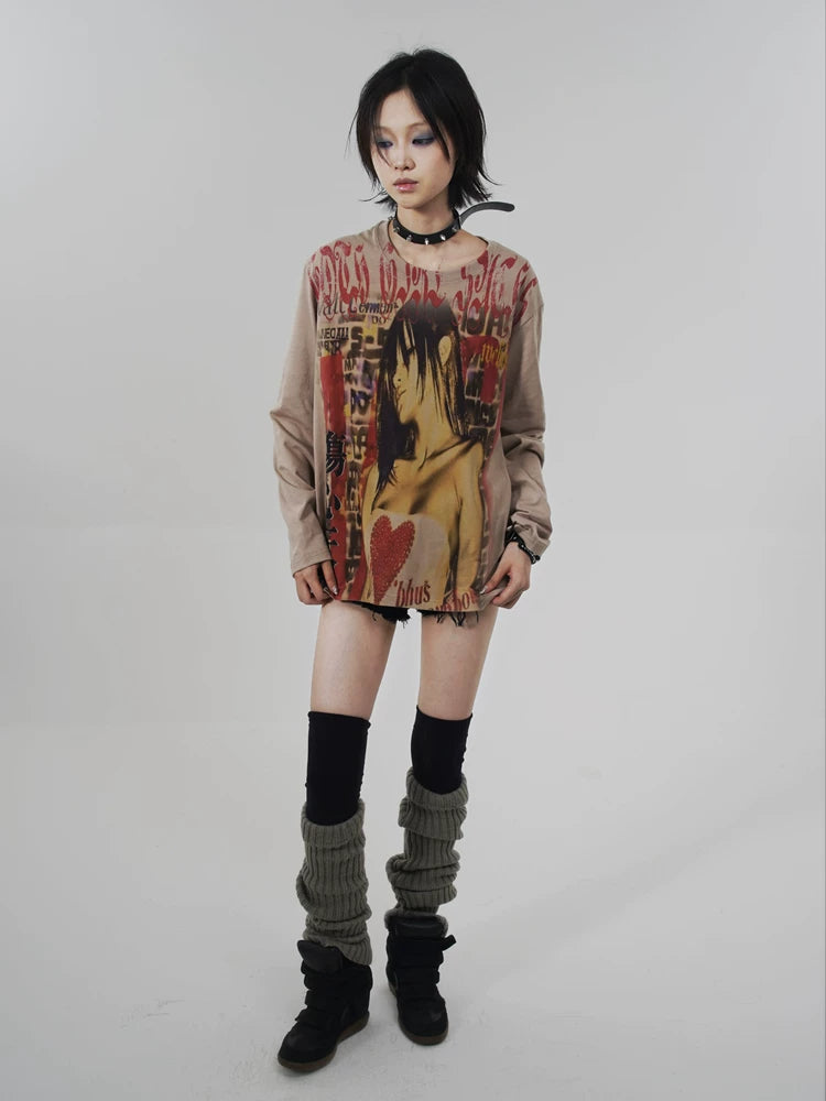 Y2k Japanese Punk Style "sad Angel" Brown Long Sleeve T-Shirt