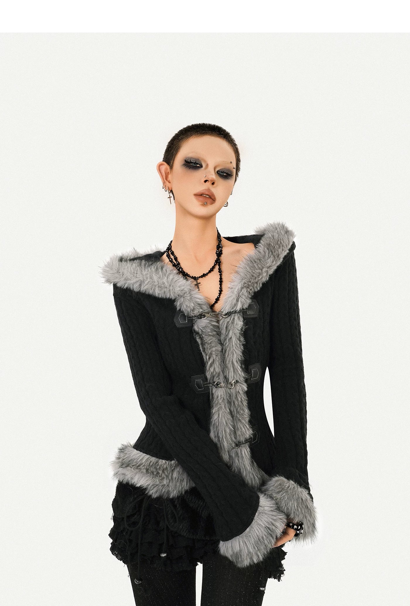 Hooded Fur Collar Fitted Knit Cardigan
