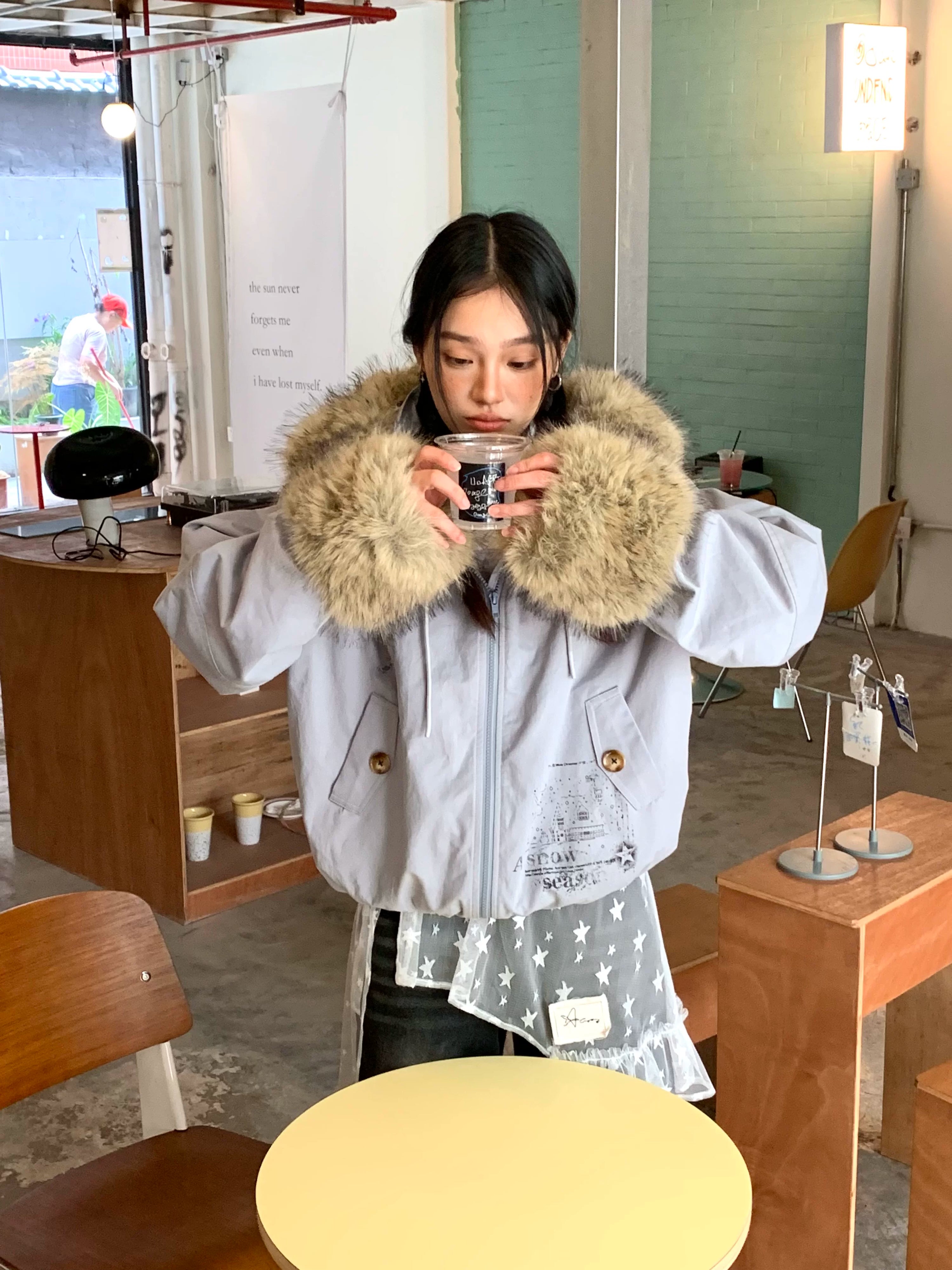 Fake Fur Trim Graphic Print Oversize Hooded Jacket
