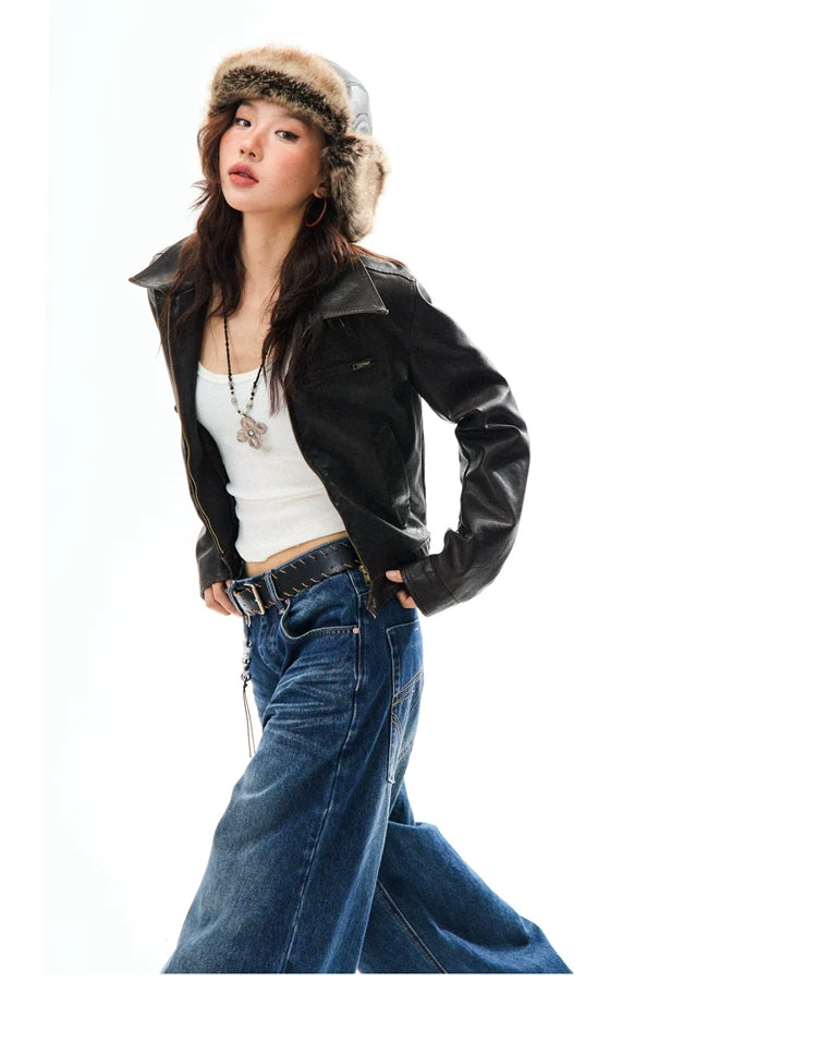 PU Leather Washed Zipper Short Length Jacket
