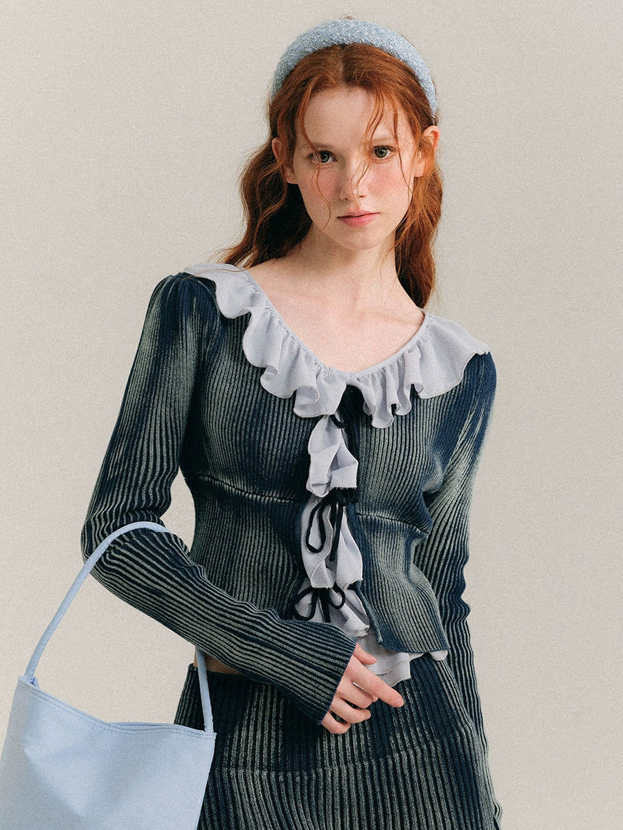 Frill Knit Cardigan & Short Rib Knit Skirt Setup