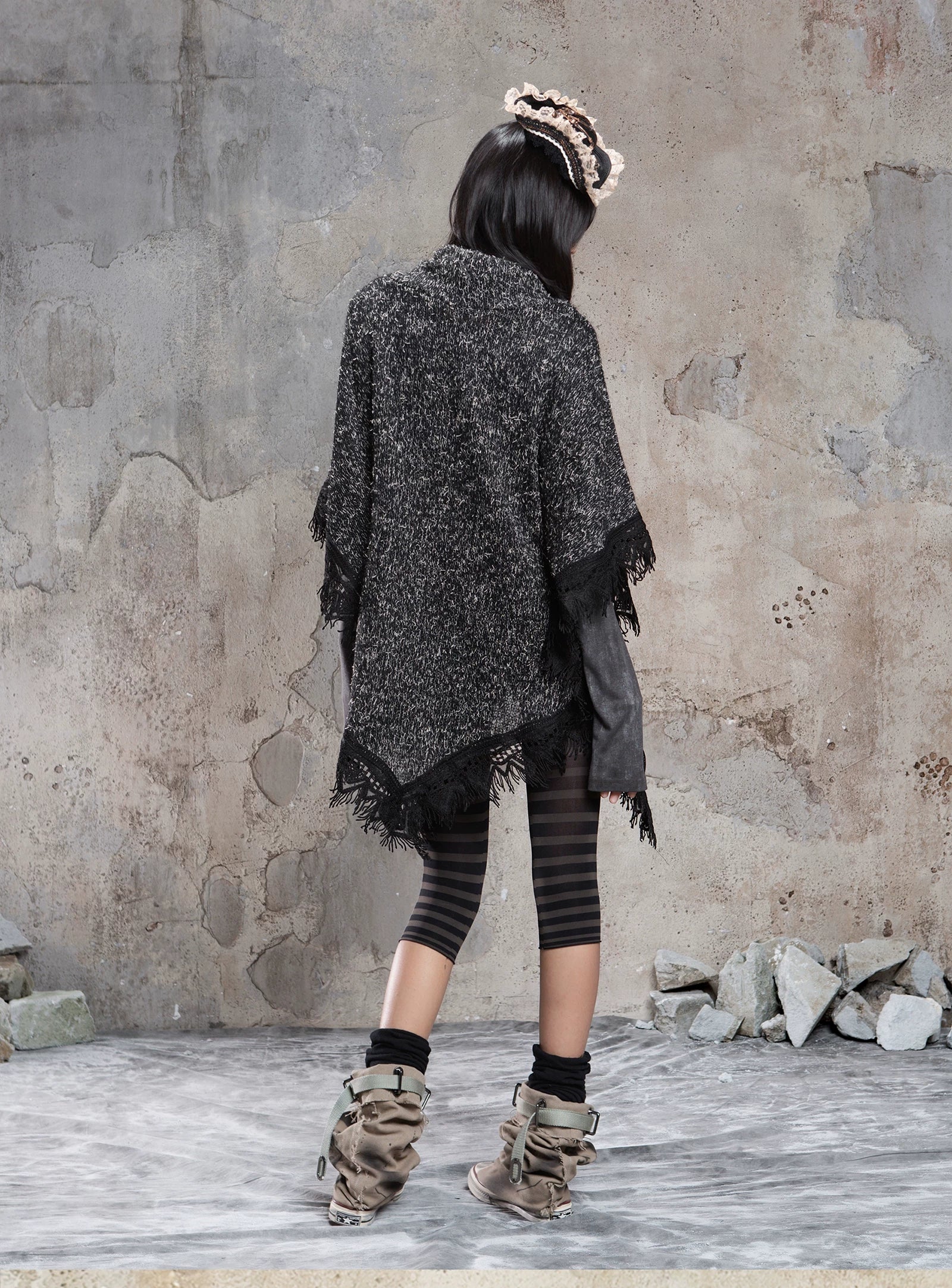 Punk Cross Cape Asymmetric Fringe Knit Sweater