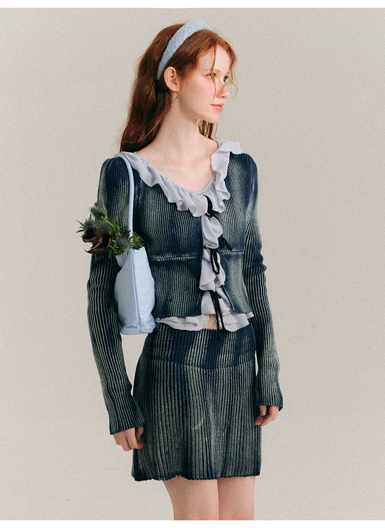 Frill Knit Cardigan & Short Rib Knit Skirt Setup