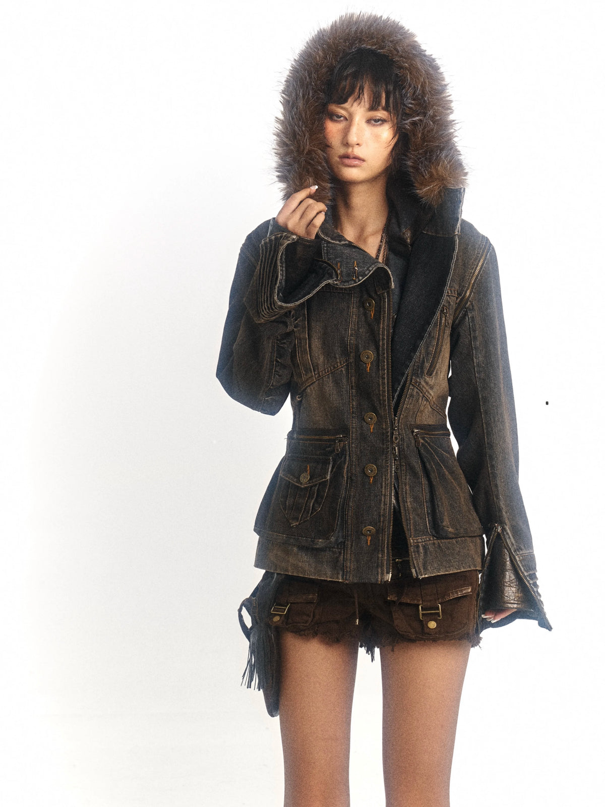 Padded Detachable Washed Denim Jacket