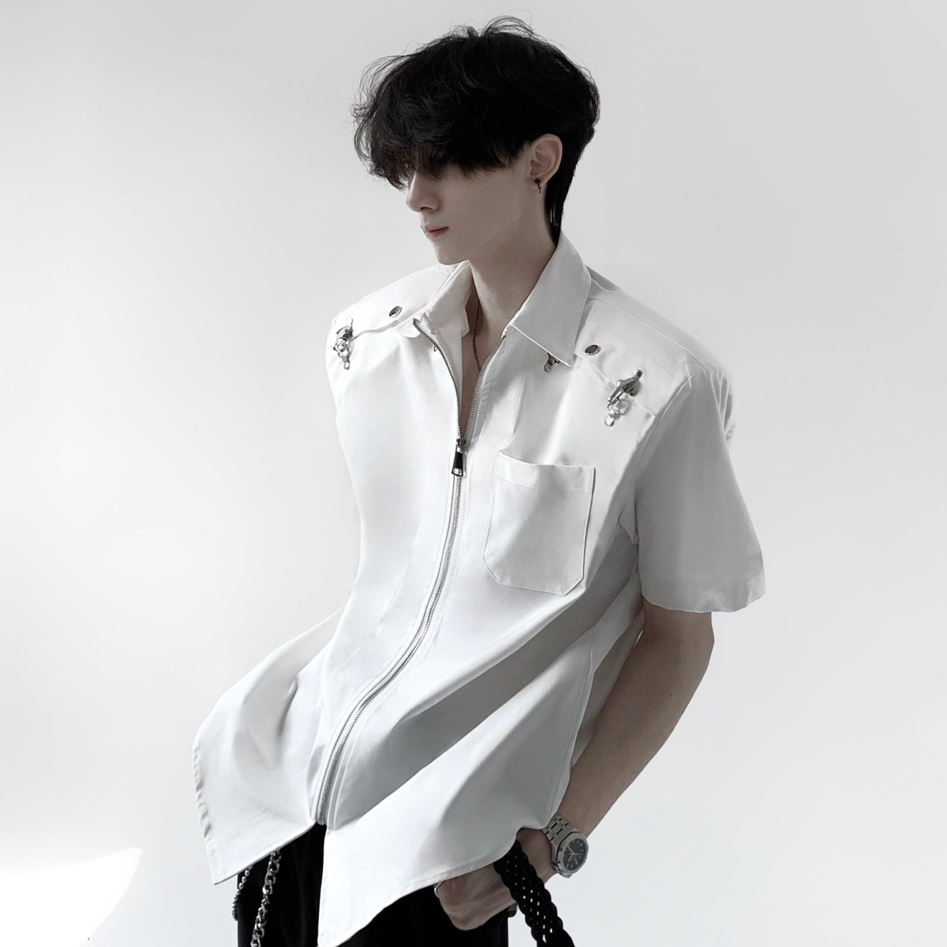 Metal Deconstruction Shoulder-Pad Zipper Short Sleeve Shirt