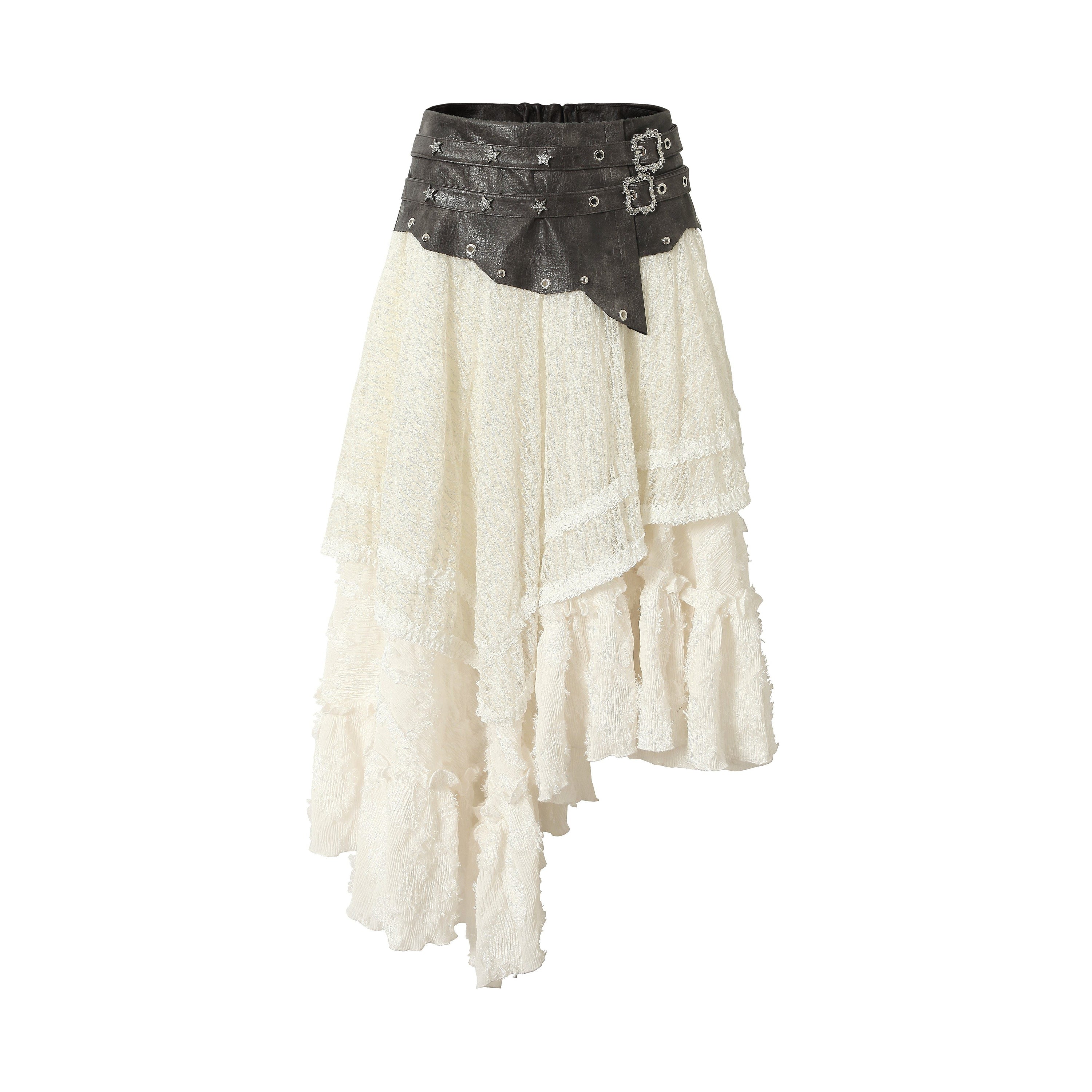 Asymmetric Lace Layered Belt Detail Skirt