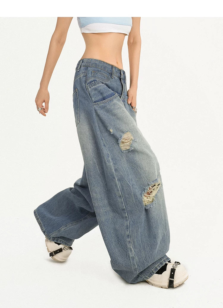 Damage Embroidery Wash Wide Leg Denim Jeans