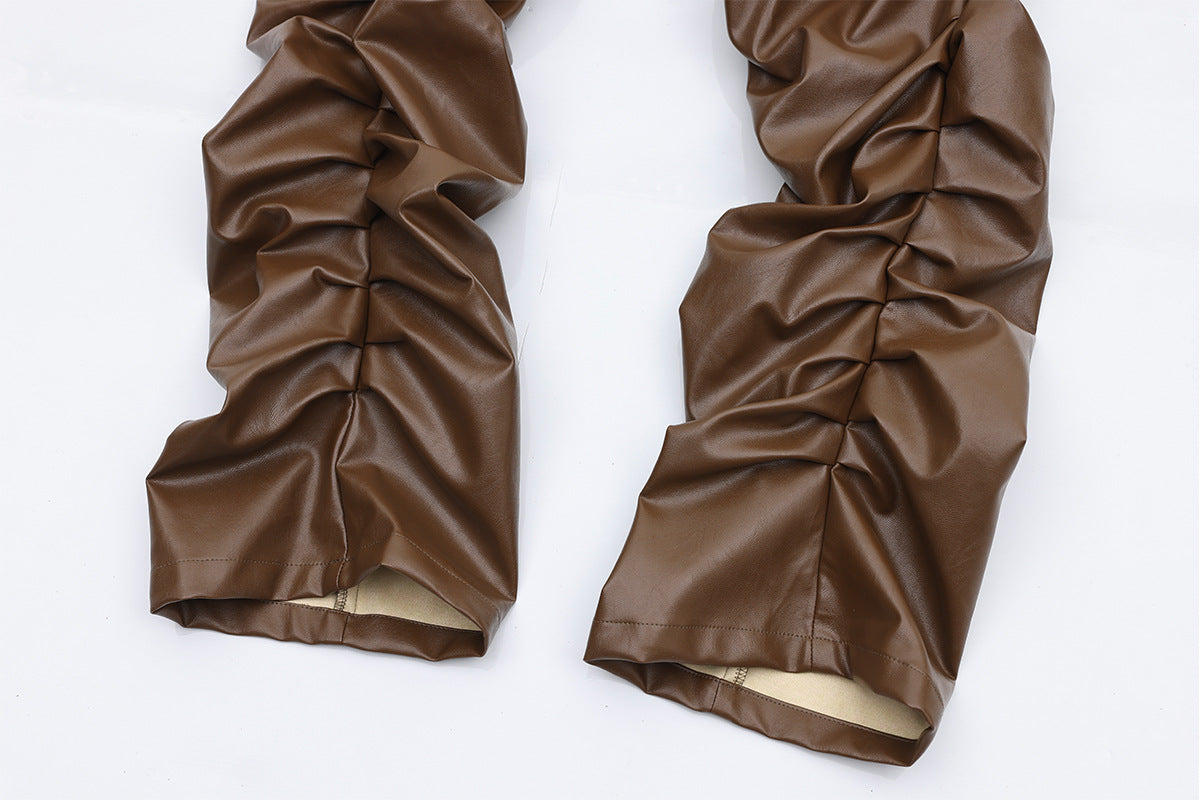 PU Leather Pleats Straight Pants