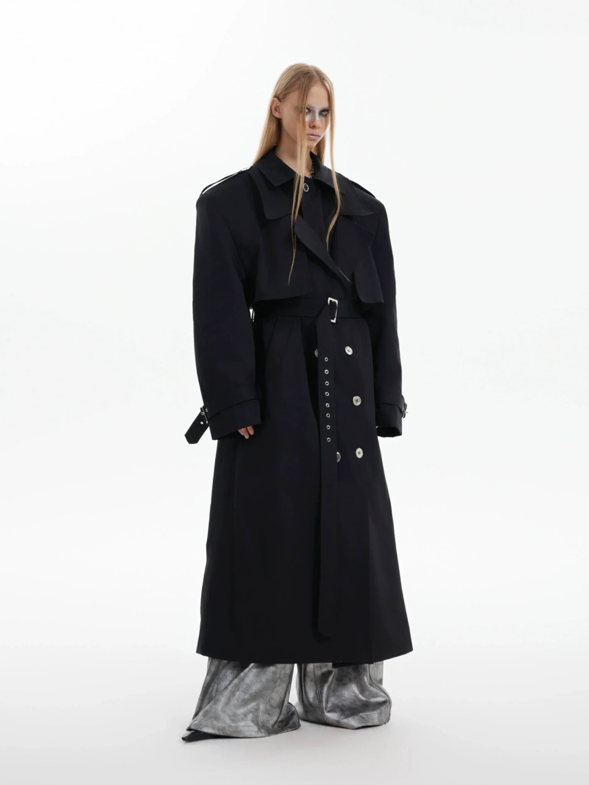 Fake Layered Shoulder Pad Long Coat