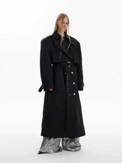Fake Layered Shoulder Pad Long Coat - black / S