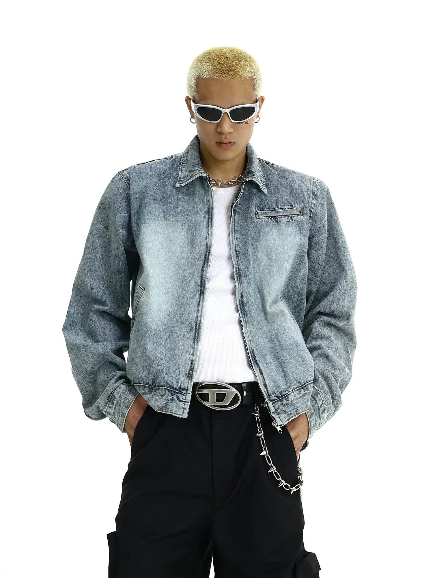 Washed Shoulder Pad Zipper Denim Jacket