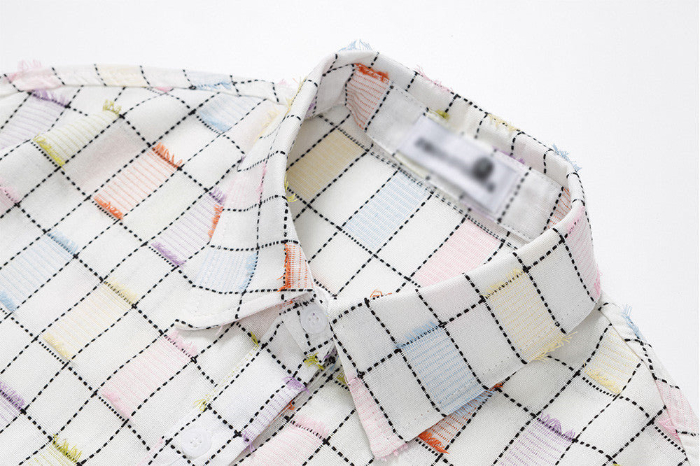 Vibrant Plaid Embroidered Short-Sleeved Shirt