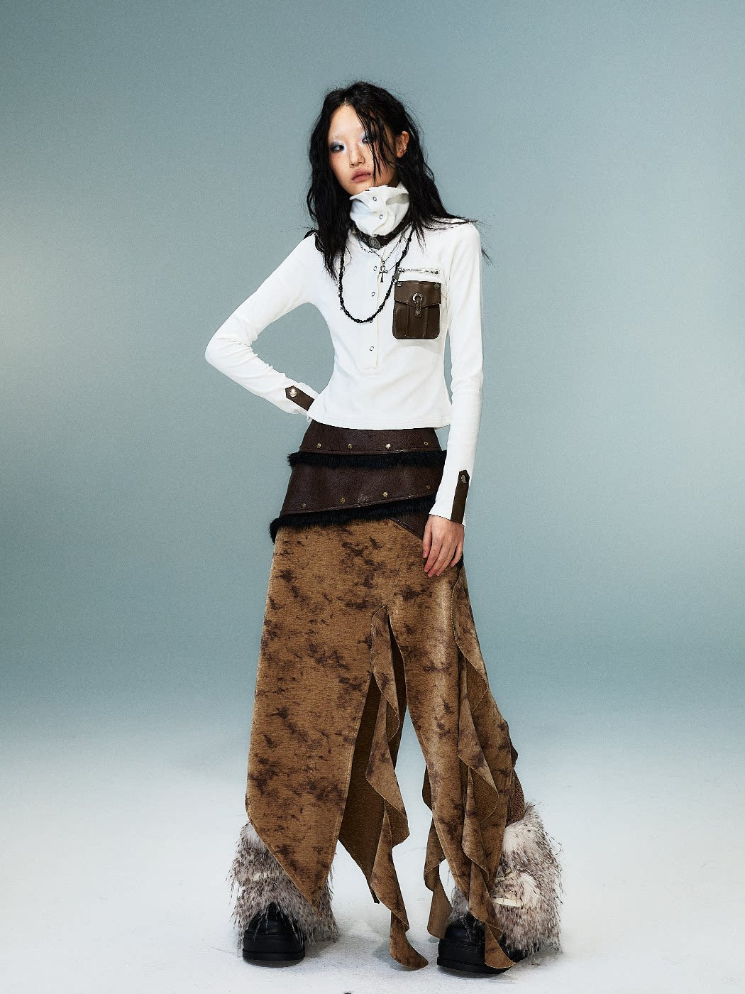 High-Neck Convertible Slim Knit Long Sleeve Shirt