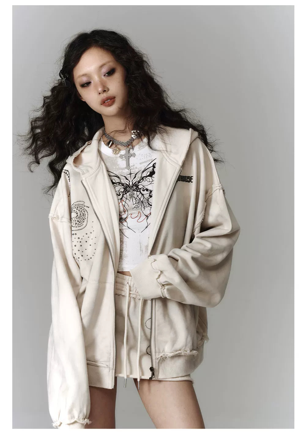 Washed Damage Oversize Zipper Hoodie & Short Skirt & Wide Leg Pants Setup
