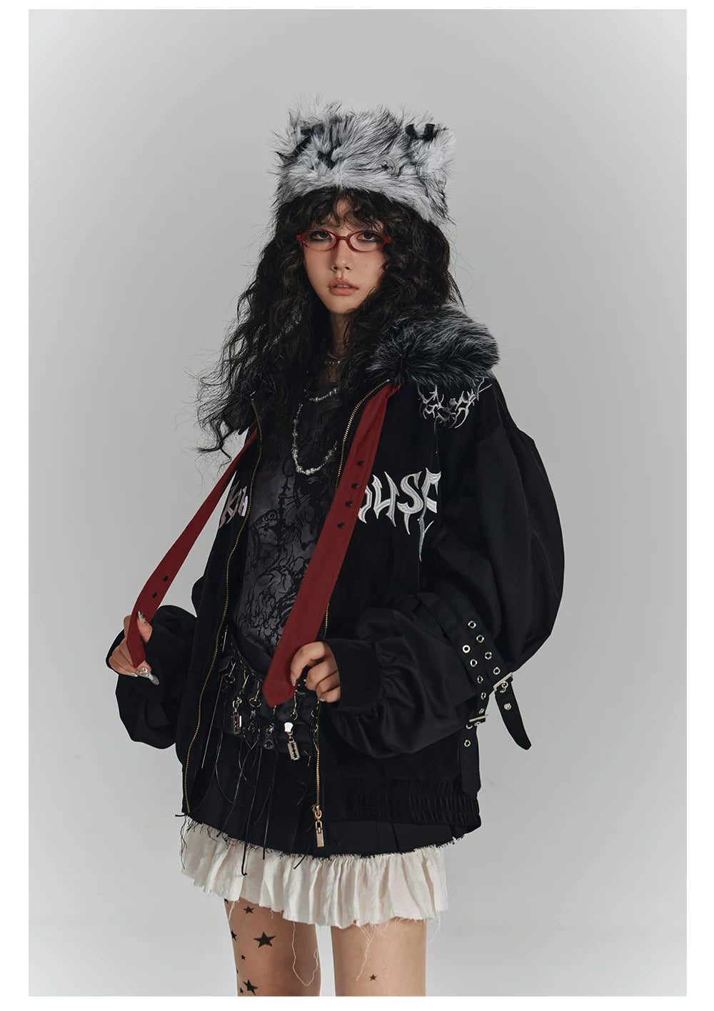 Embroidery Fur Collar Oversize Zipper Jacket