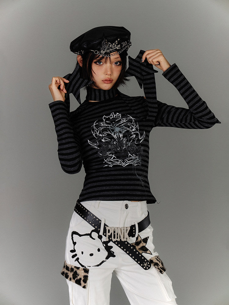 Stripe Graphic Print Cutout High-Neck Long Sleeve T-Shirt & Stripe Star Scarf
