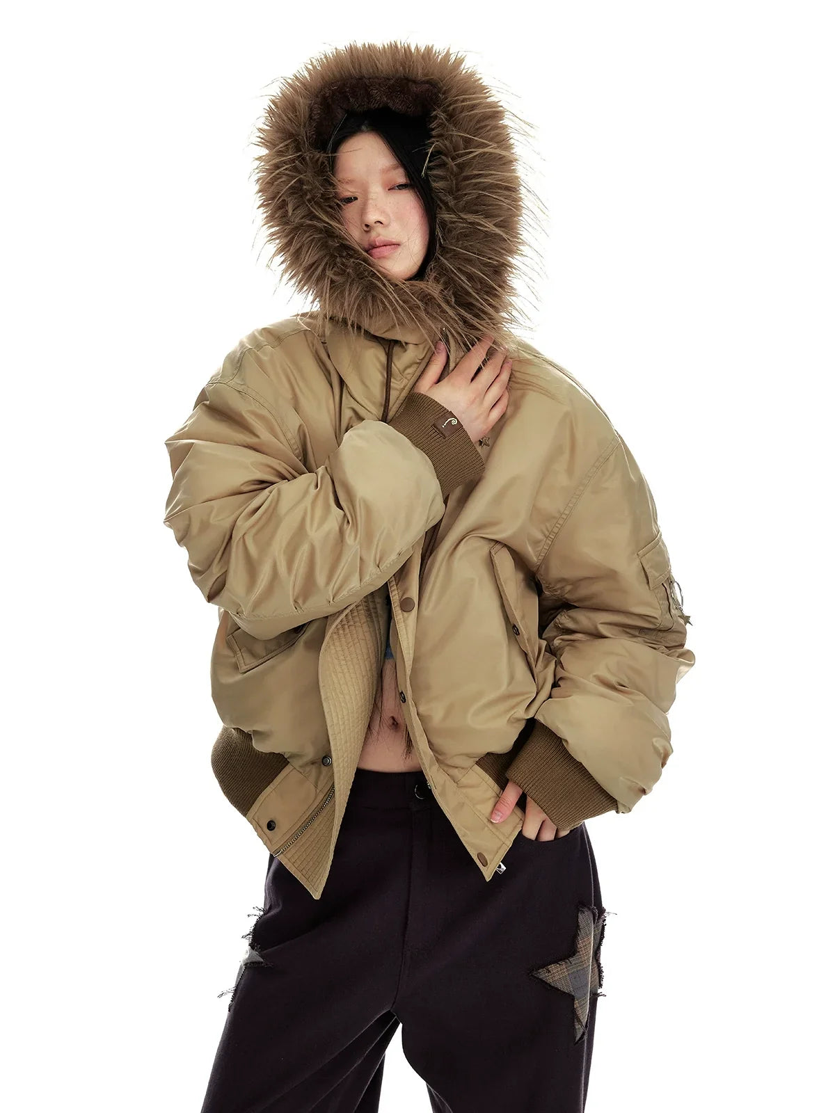 Hooded Fur-Collar White Duck Down Jacket