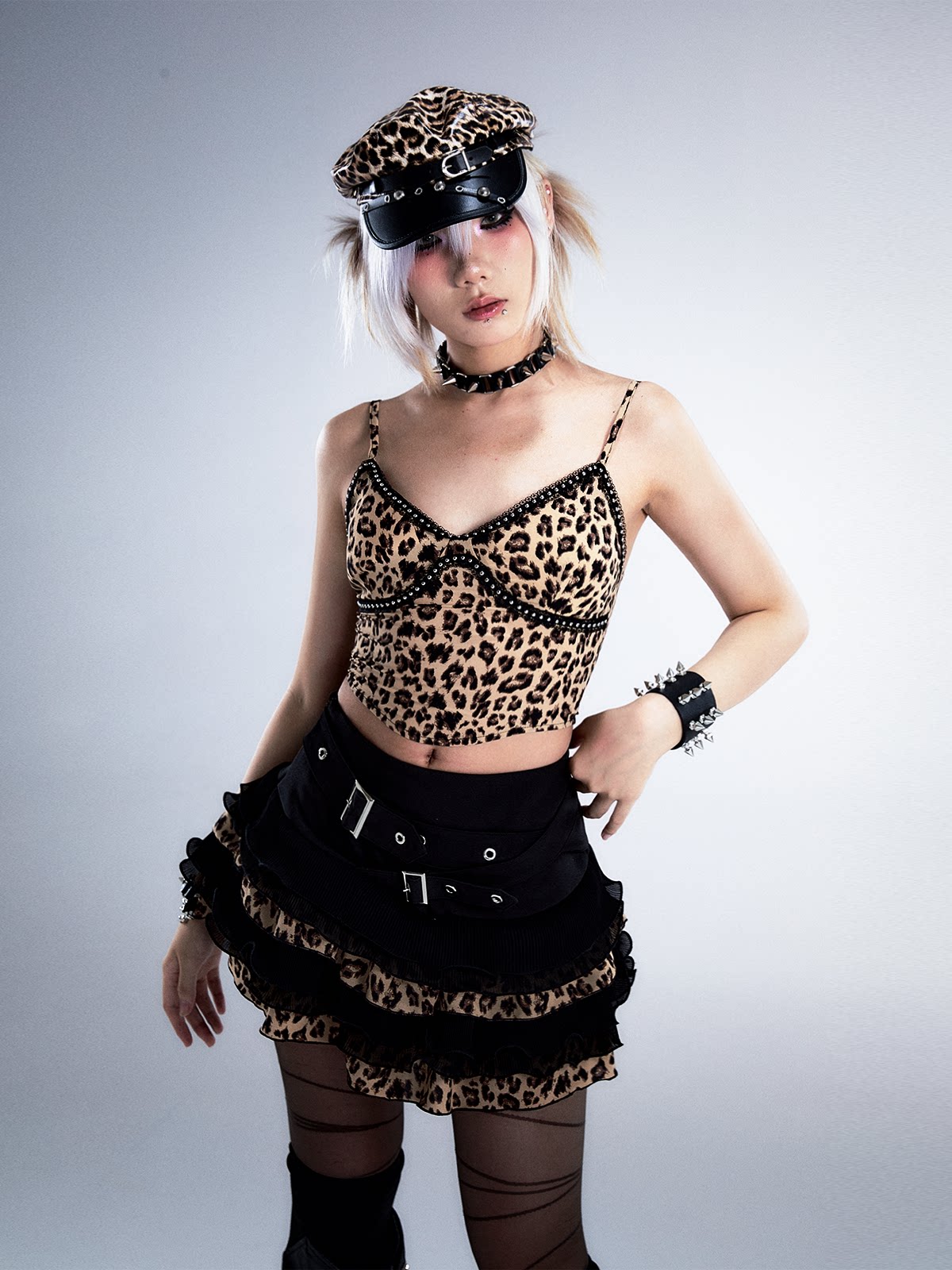 Leopard Patchwork Belted Tiered A-Line Skirt