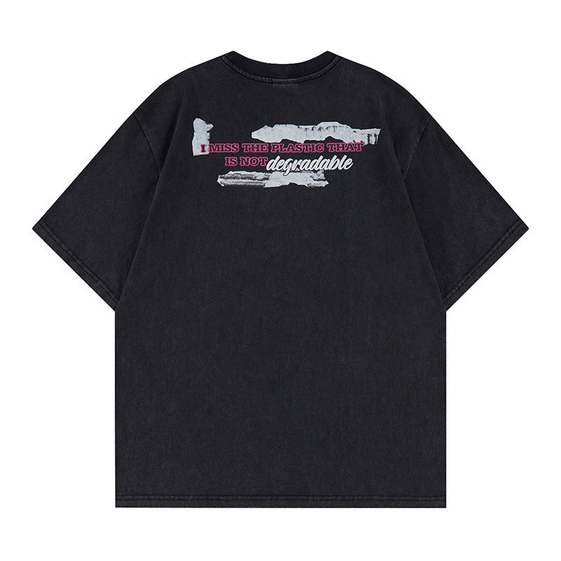 Washed Portrait Letter Print Short Sleeve T-Shirt