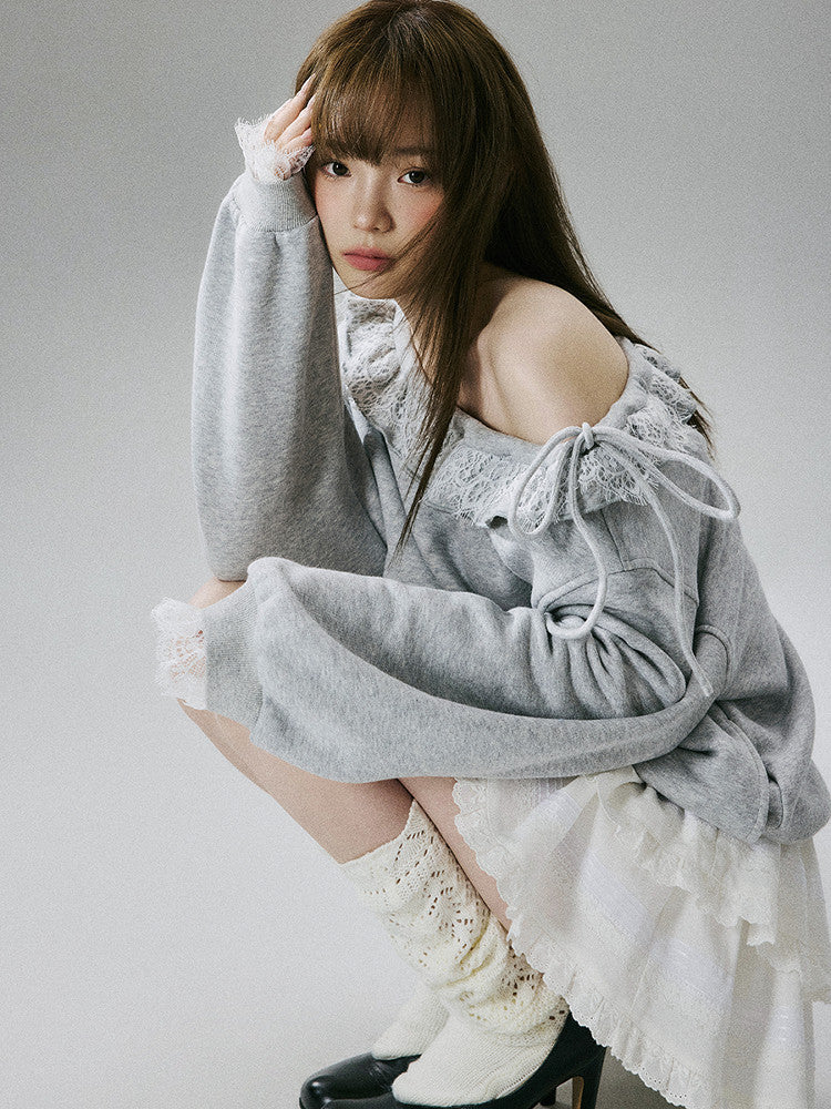 Off-Shoulder Lace Trim Sweatshirt
