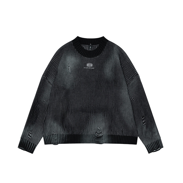 Embroidered Distressed Tear Crew Neck Sweater