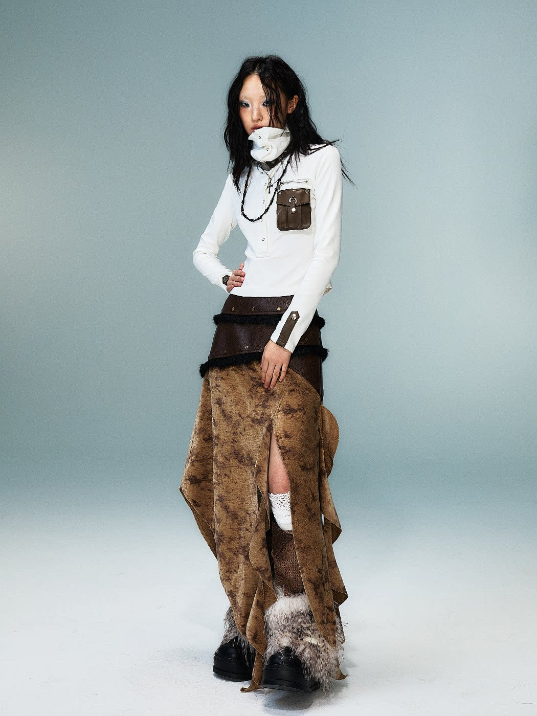 High-Neck Convertible Slim Knit Long Sleeve Shirt