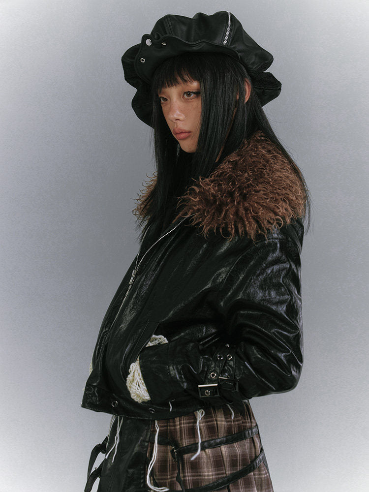 Detachable Fur Collar Glossy Padded PU Leather Jacket