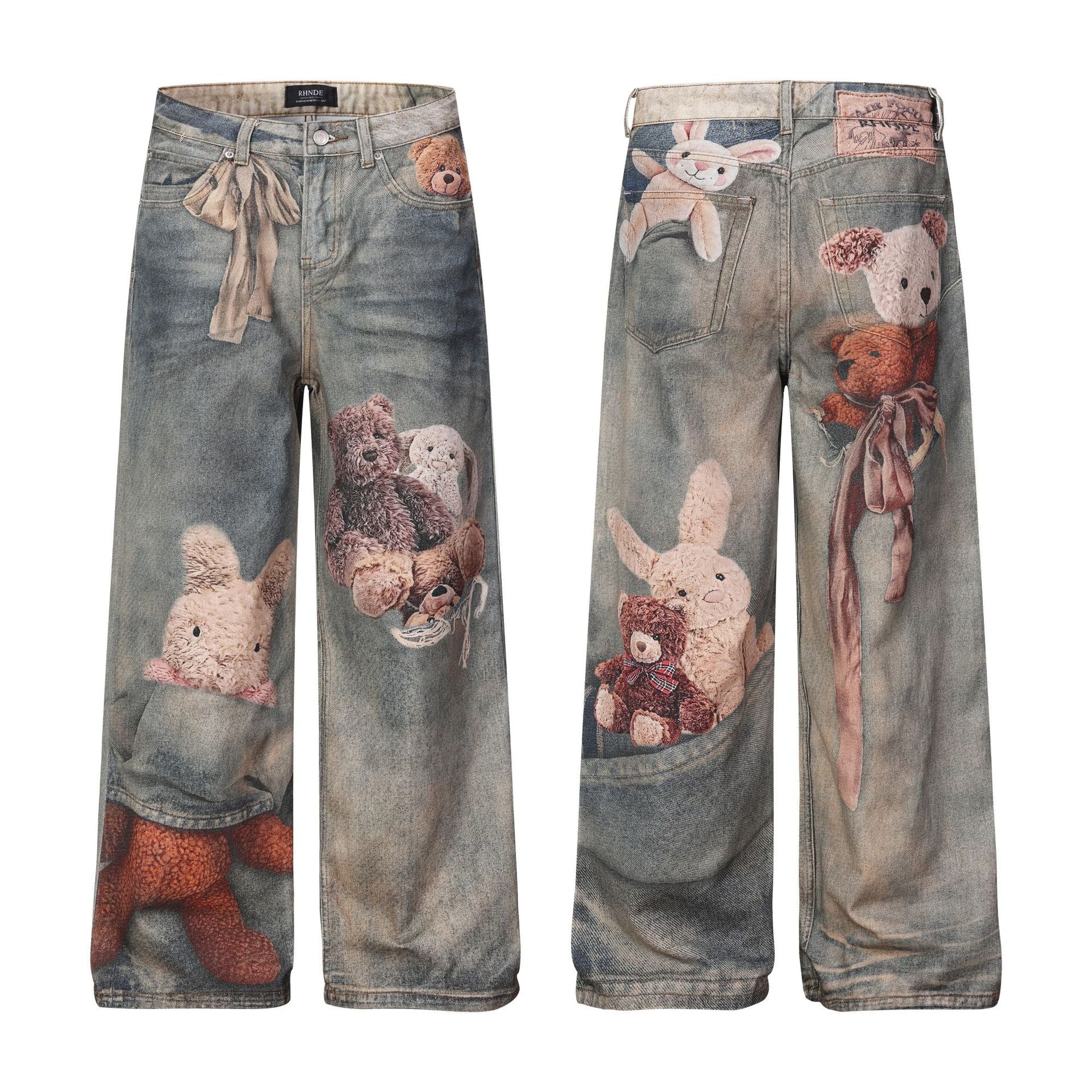 Washed 3D Graphic Print Wide Leg Denim Jeans