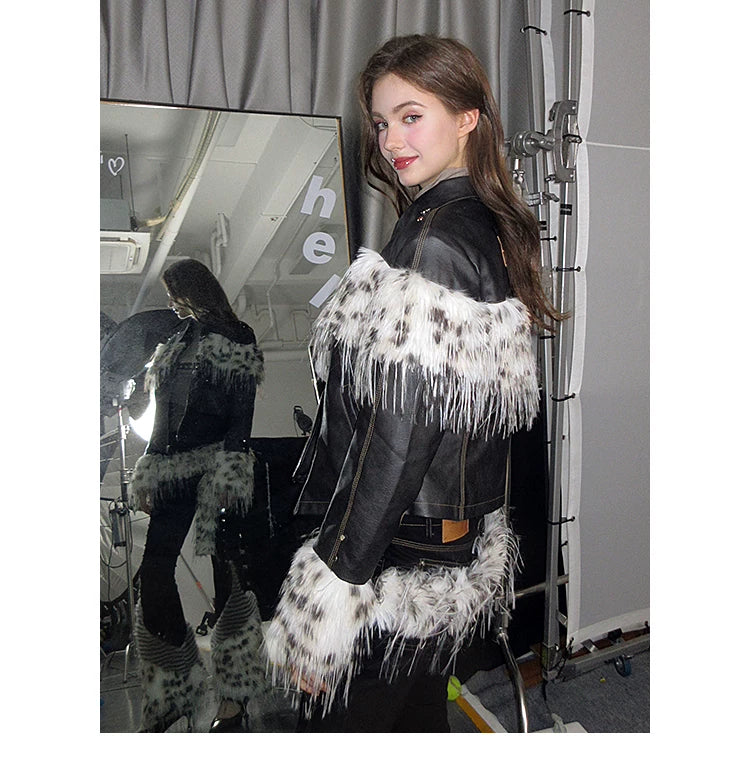 Fake Fur Patchwork Lined Thick PU Leather Jacket