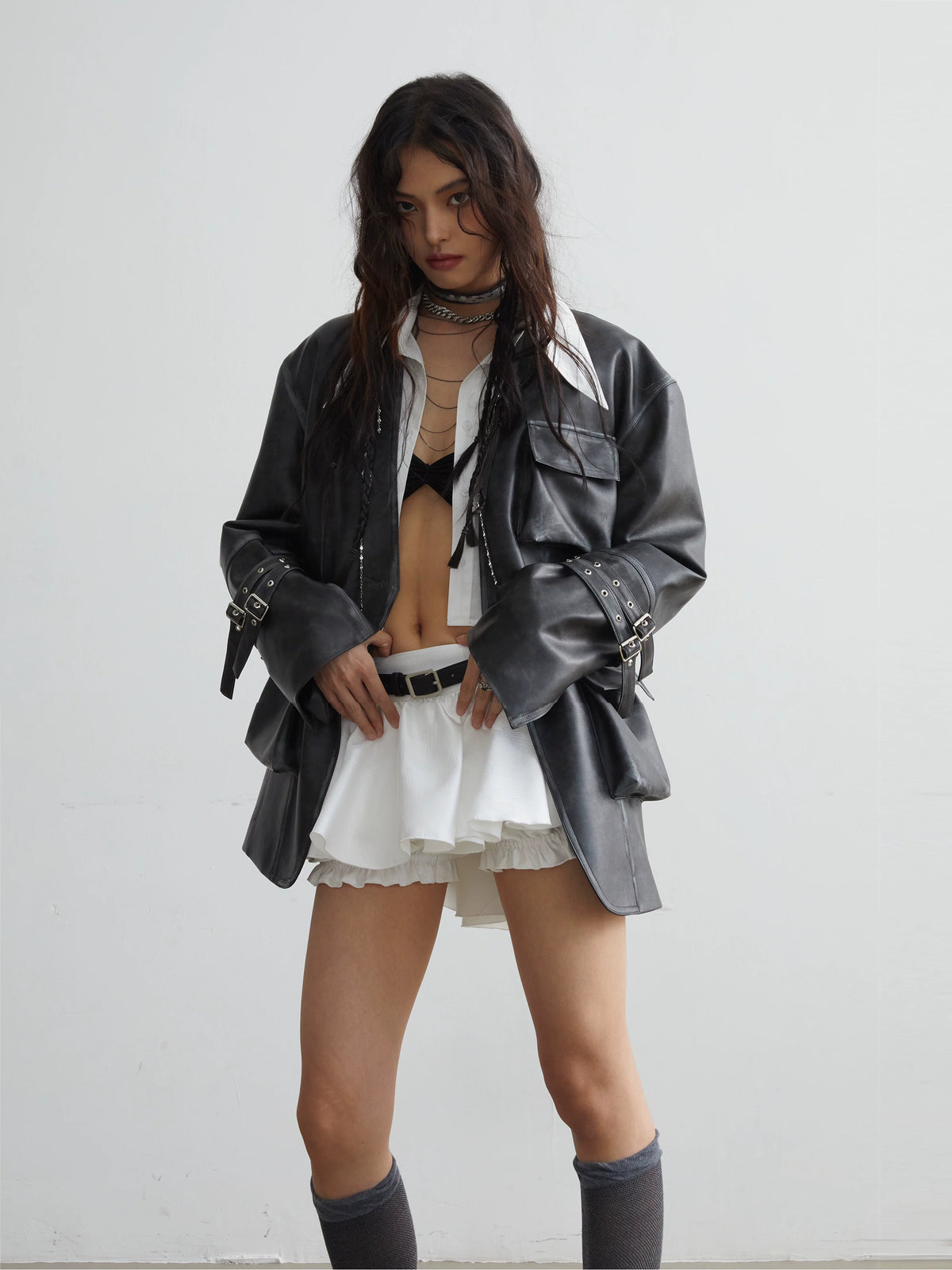 Belt Decoration Ruffle Edge Micro Mini Skirt