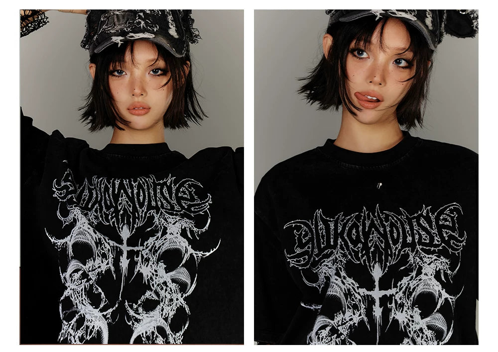 Washed Damage Oversize Short Sleeve T-Shirt & Spiderweb Mesh Long Sleeve Shirt