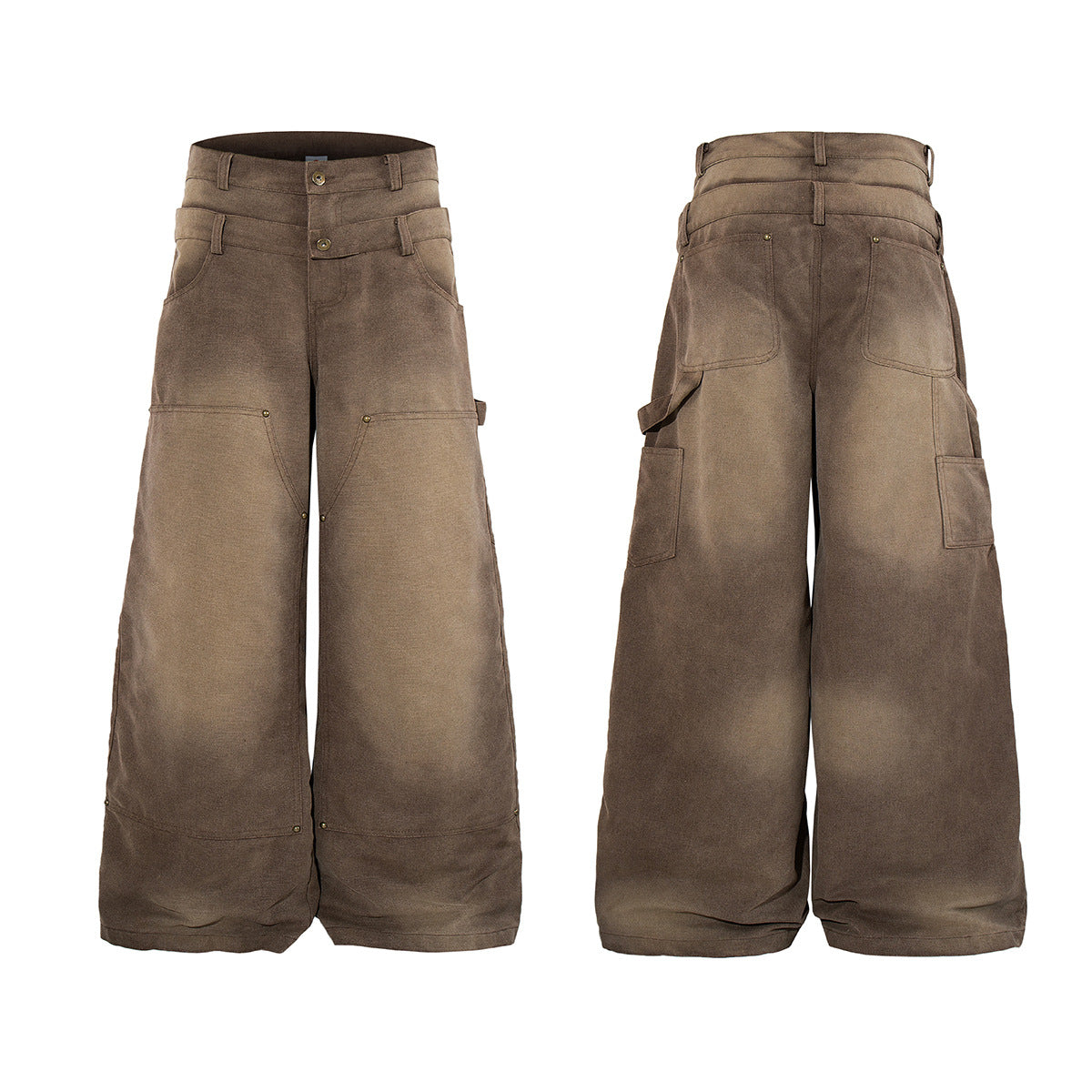 Double Waist Washed Studs Wide Leg Denim Jeans