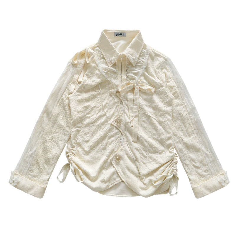 Textured Hollow-Out Tie-Strap Long Sleeve Shirt