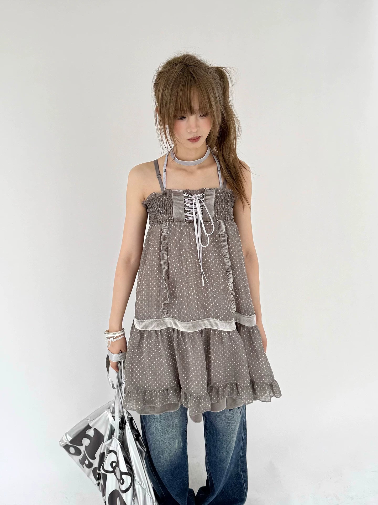 Polka Dot Patchwork Spaghetti Strap Dress