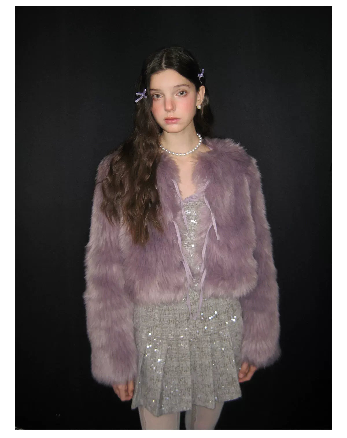 PU Leather Mix Bow Fur Jacket